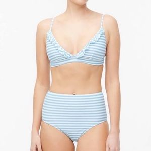 J.Crew Blue/White Striped Bikini (High Waist Bottom/Ruffle Trim Top)- Large